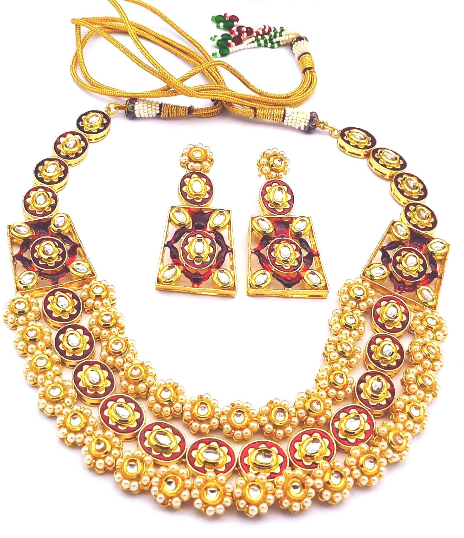 Stunning Antique Gold plated Brass Kundan Glass Polky- Red Meena- Pearl Necklace-Earring Set