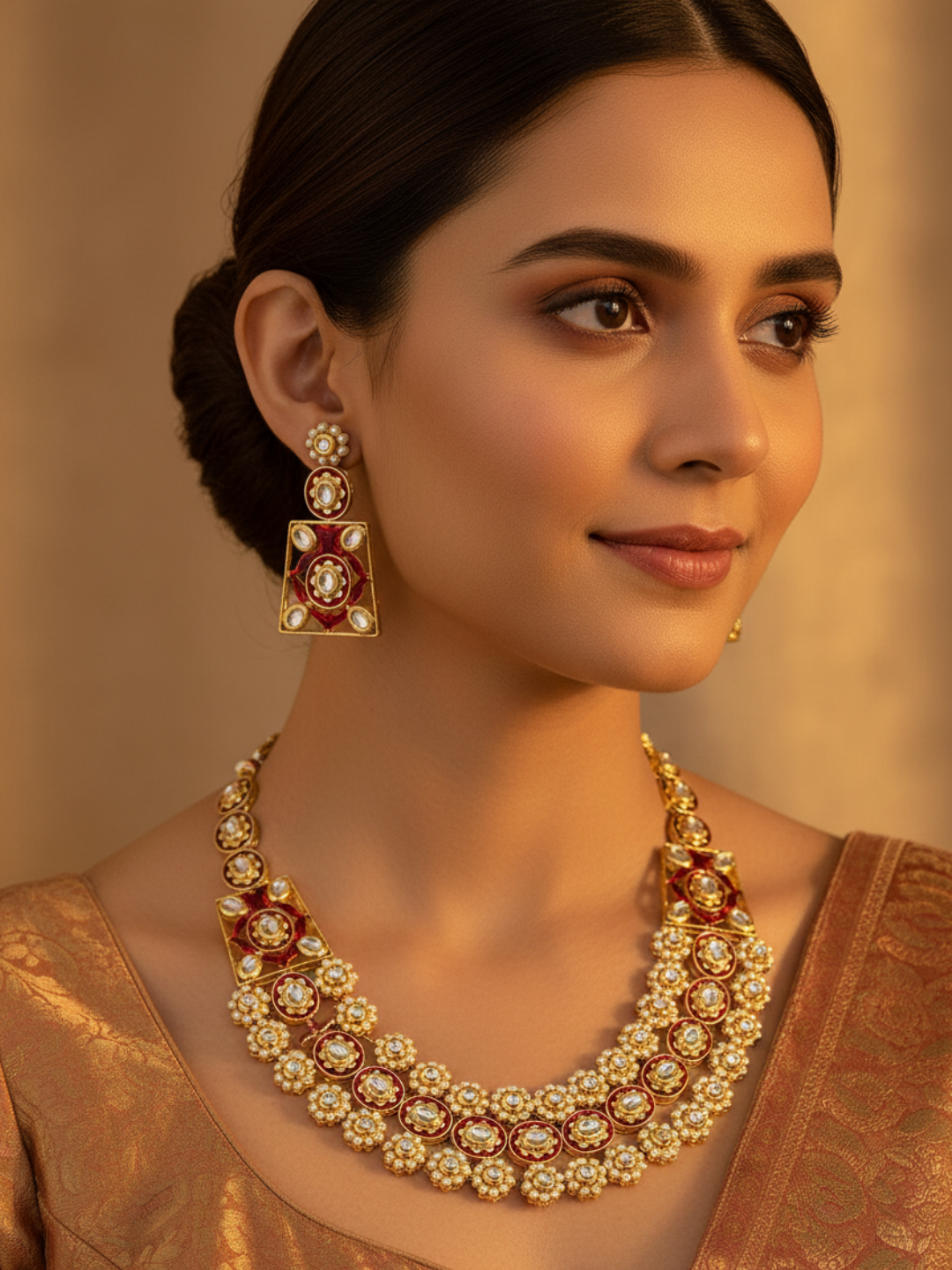 Stunning Antique Gold plated Brass Kundan Glass Polky- Red Meena- Pearl Necklace-Earring Set