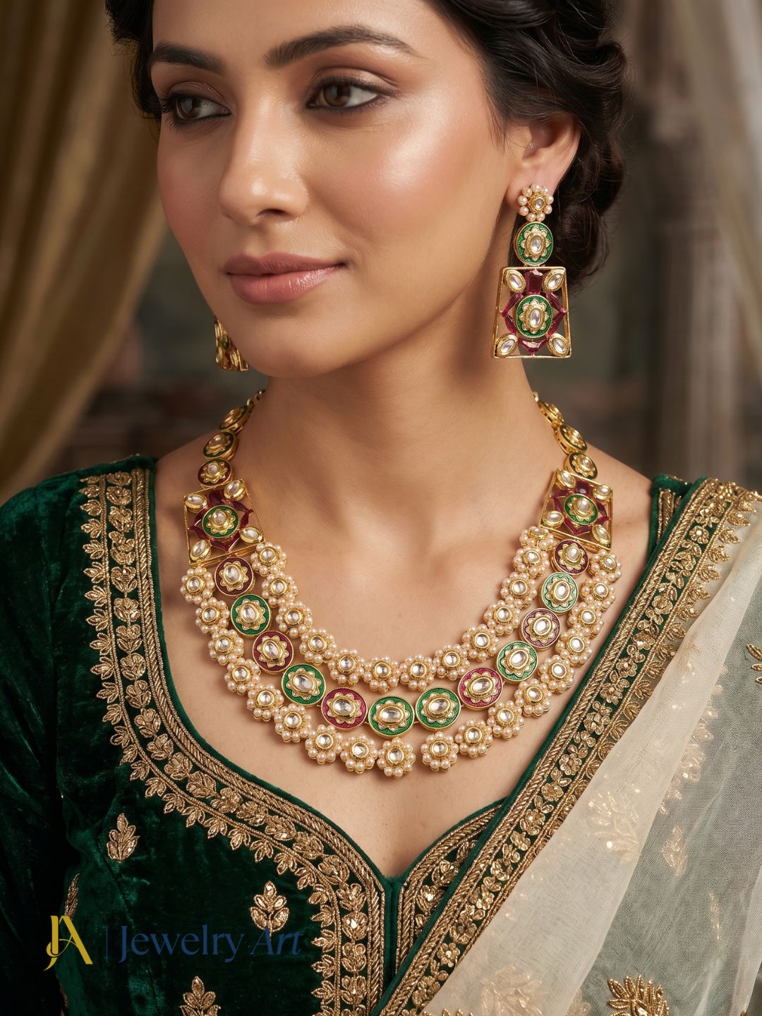 Stylish women’s statement jewelry set with blue Monalisa stones and antique gold finish
