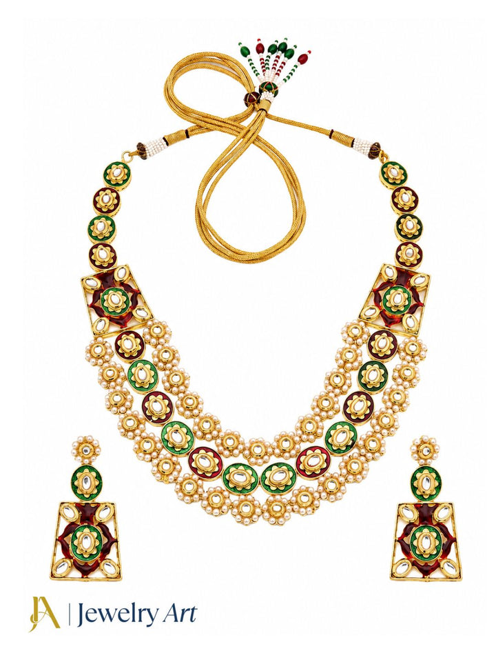 Stunning Antique Gold plated Brass Kundan Glass Polky - Green & Red Meena- Pearl Necklace-Earring Set