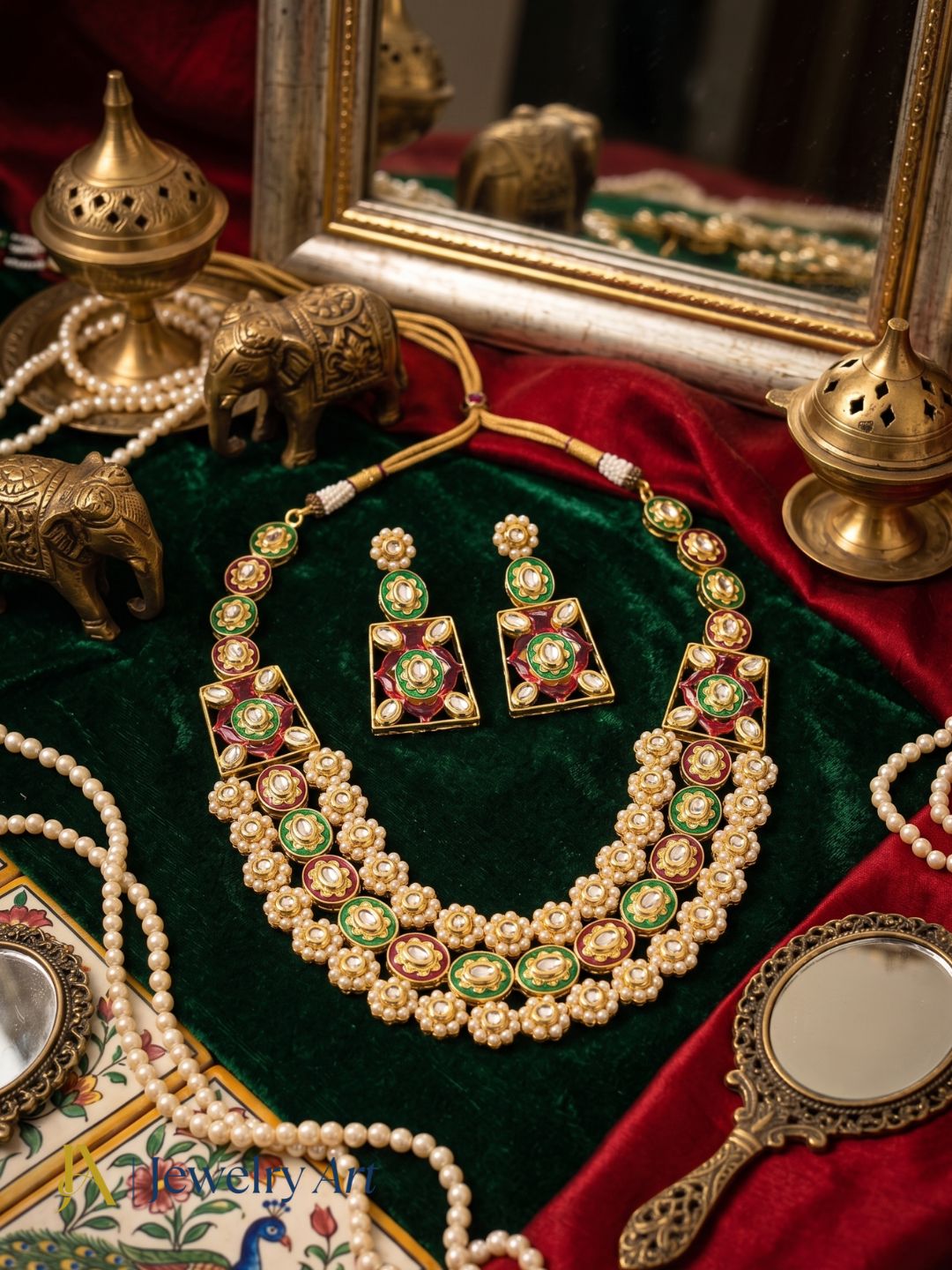 Stunning Antique Gold plated Brass Kundan Glass Polky - Green & Red Meena- Pearl Necklace-Earring Set