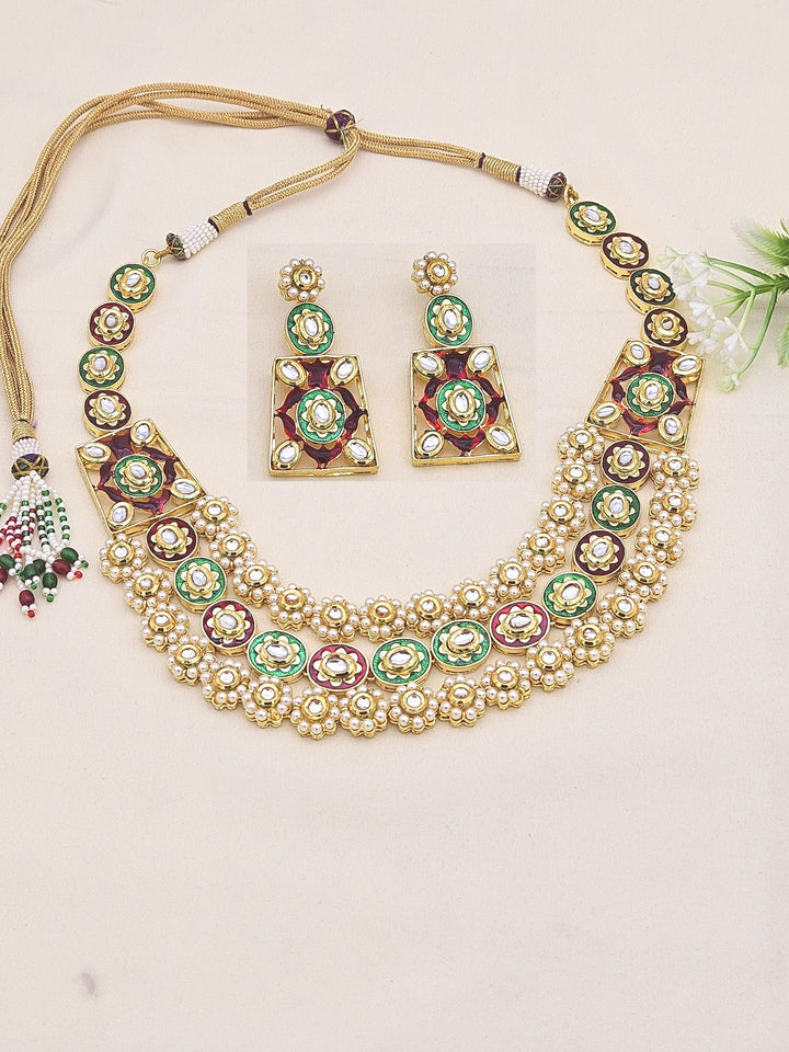 Stunning Antique Gold plated Brass Kundan Glass Polky - Green & Red Meena- Pearl Necklace-Earring Set