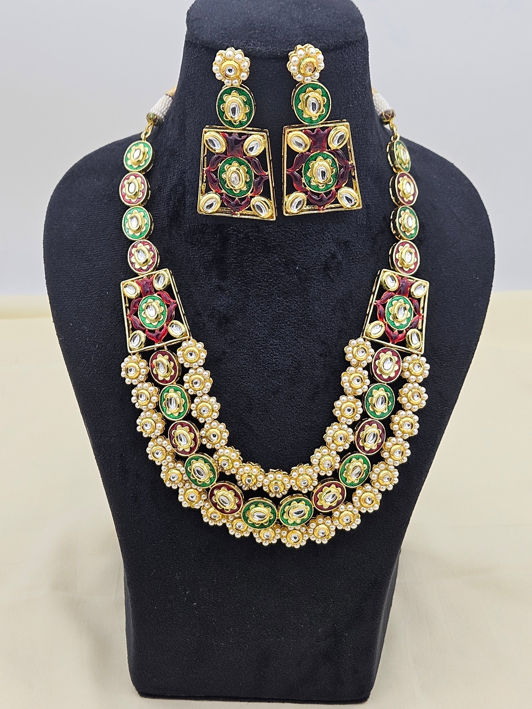 Stunning Antique Gold plated Brass Kundan Glass Polky - Green & Red Meena- Pearl Necklace-Earring Set