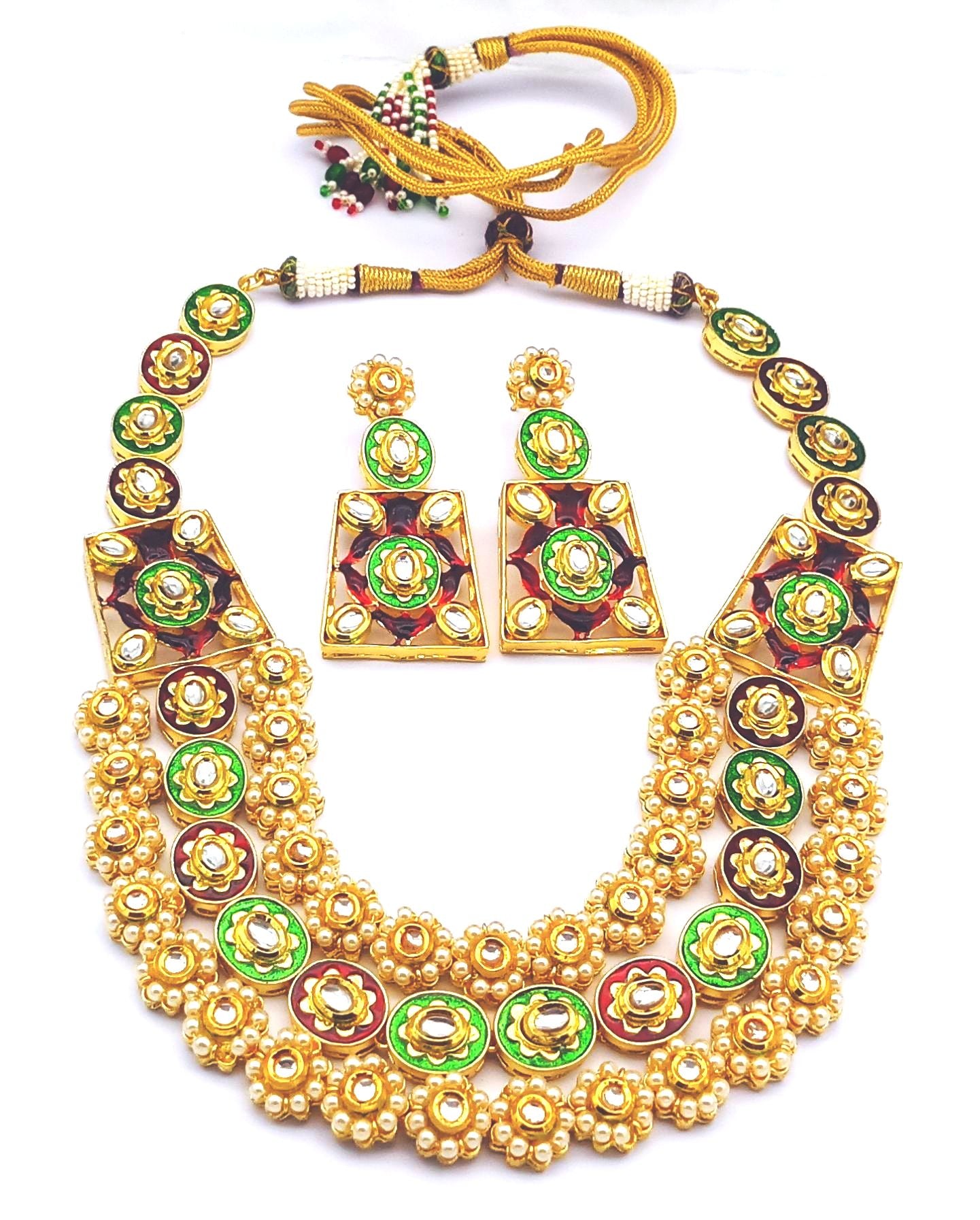 Stunning Antique Gold plated Brass Kundan Glass Polky - Green & Red Meena- Pearl Necklace-Earring Set