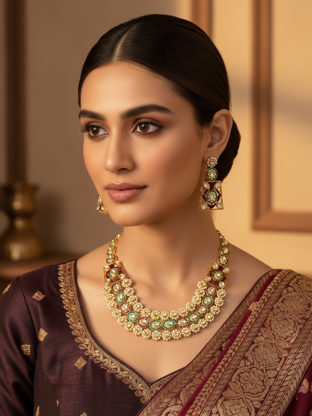 Stunning Antique Gold plated Brass Kundan Glass Polky - Green & Red Meena- Pearl Necklace-Earring Set