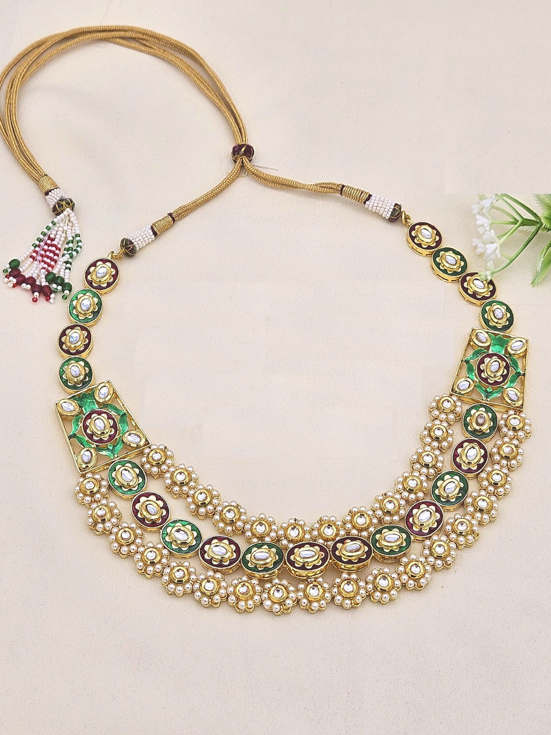 Stunning Antique Gold plated Brass Kundan Glass Polky- Red & Green Meena- Pearl Necklace