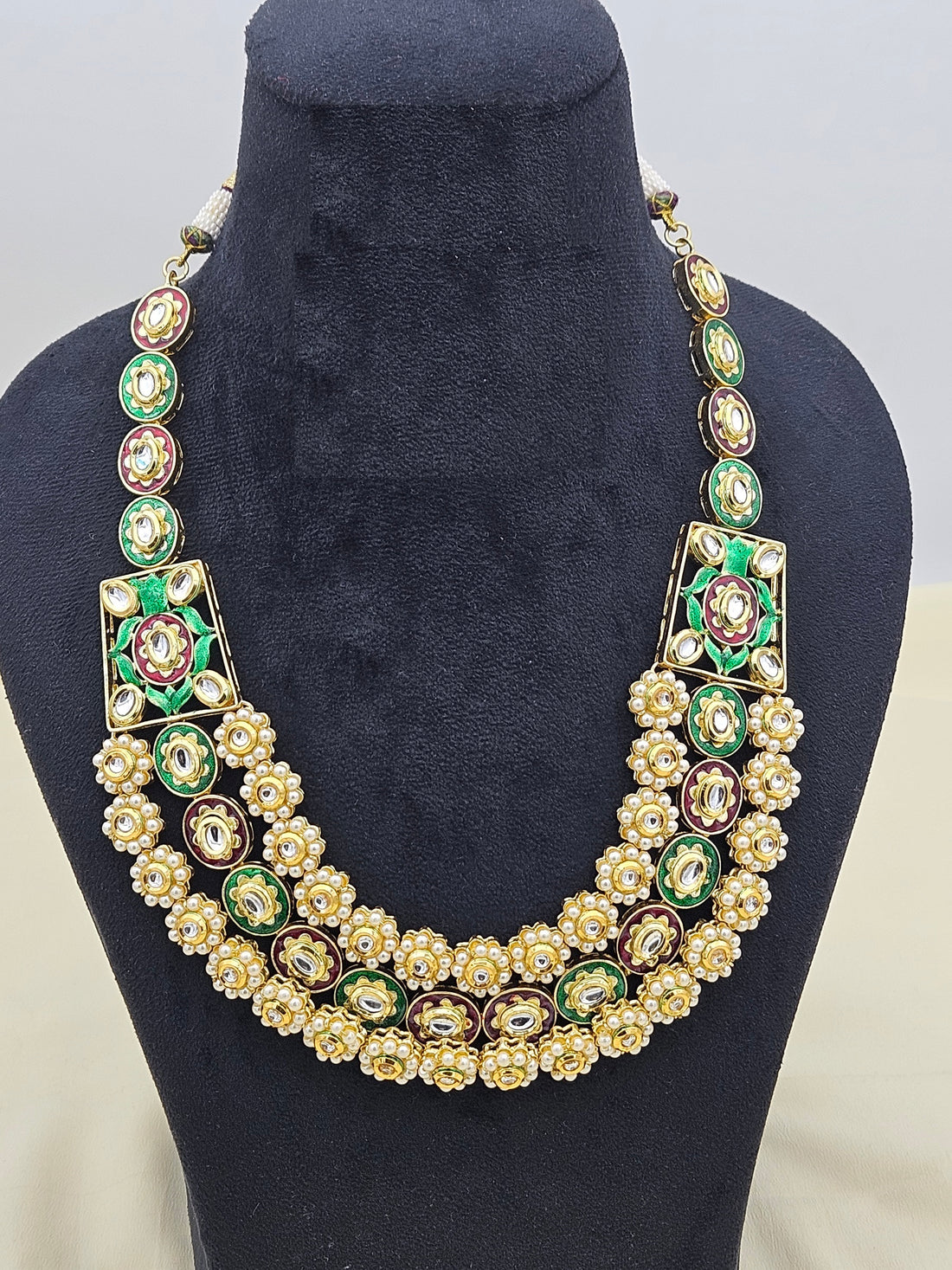 Stunning Antique Gold plated Brass Kundan Glass Polky- Red & Green Meena- Pearl Necklace