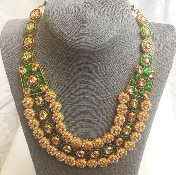 Stunning Antique Gold plated Brass Kundan Glass Polky- Red & Green Meena- Pearl Necklace