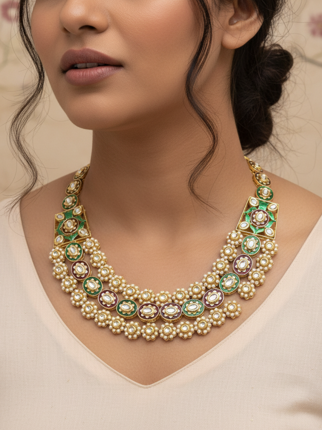 Stunning Antique Gold plated Brass Kundan Glass Polky- Red & Green Meena- Pearl Necklace