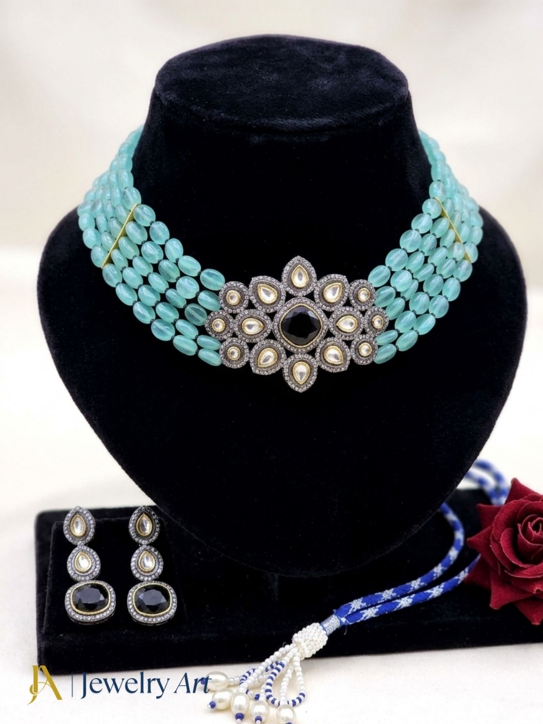 Amazing  Black Gold plated - Black Glass Stone & Polky with AD - Green Glass Beads  Choker Necklace-Earring  Set