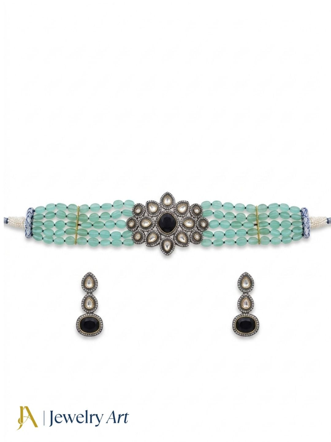 Amazing  Black Gold plated - Black Glass Stone & Polky with AD - Green Glass Beads  Choker Necklace-Earring  Set