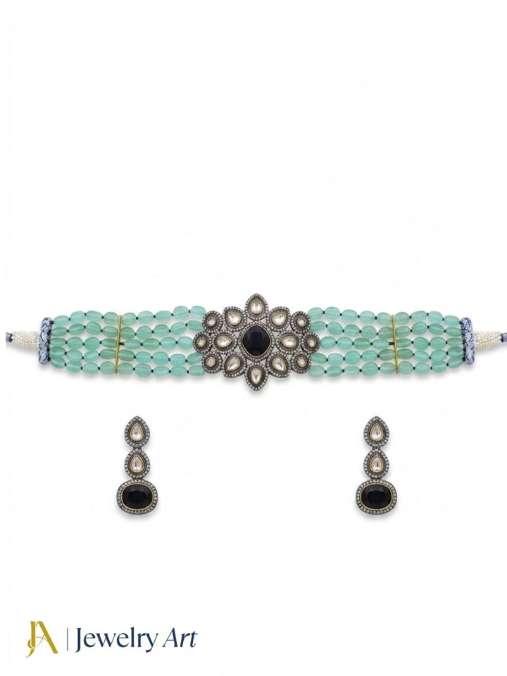 Amazing  Black Gold plated - Black Glass Stone & Polky with AD - Green Glass Beads  Choker Necklace-Earring  Set