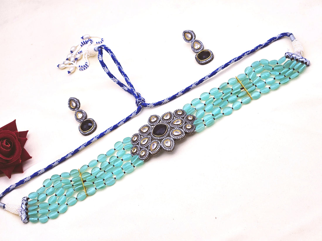 Amazing  Black Gold plated - Black Glass Stone & Polky with AD - Green Glass Beads  Choker Necklace-Earring  Set