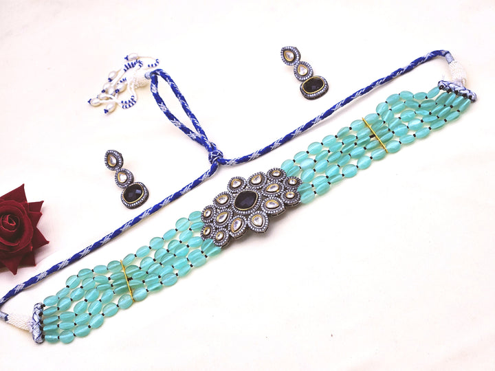 Amazing  Black Gold plated - Black Glass Stone & Polky with AD - Green Glass Beads  Choker Necklace-Earring  Set