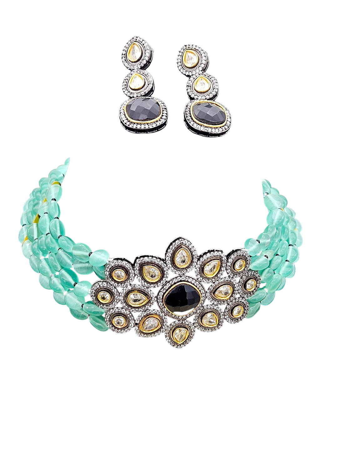 Amazing  Black Gold plated - Black Glass Stone & Polky with AD - Green Glass Beads  Choker Necklace-Earring  Set