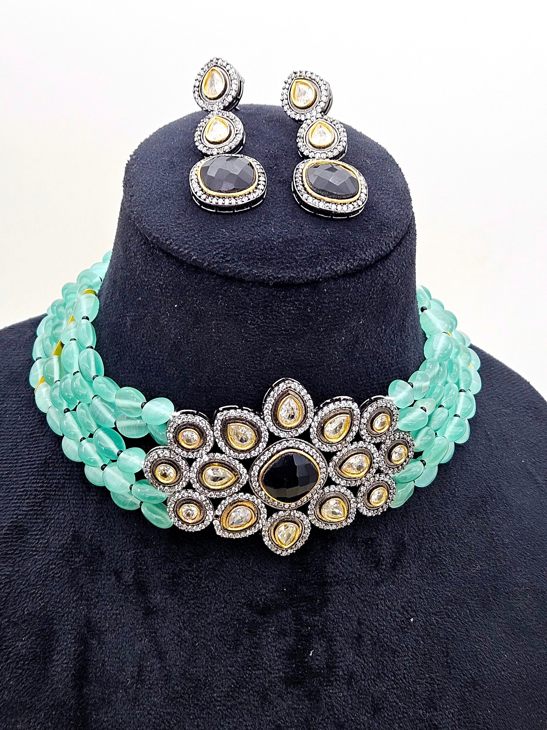 Amazing  Black Gold plated - Black Glass Stone & Polky with AD - Green Glass Beads  Choker Necklace-Earring  Set