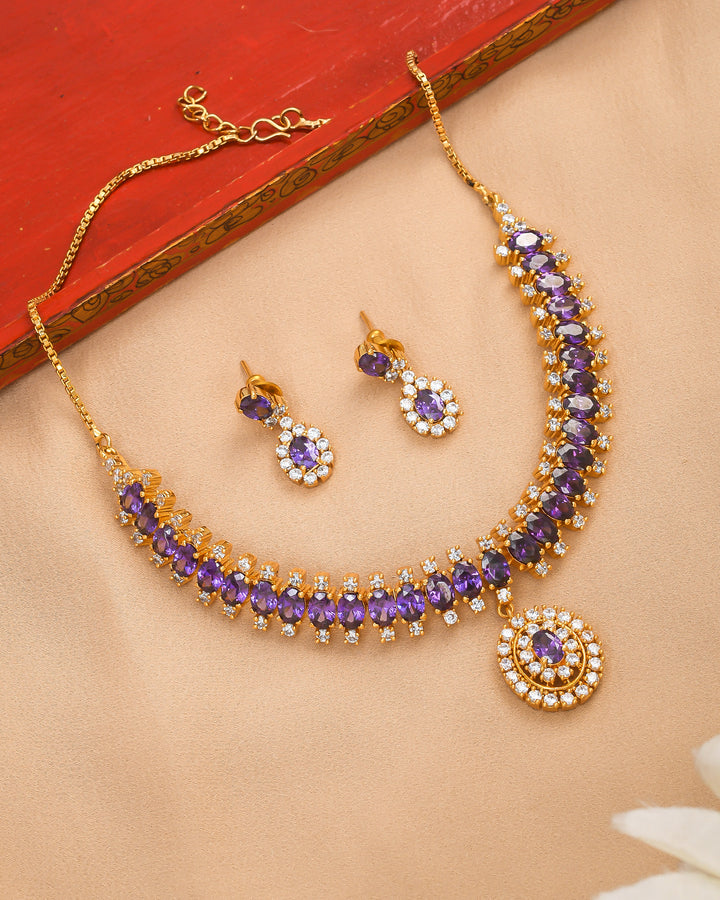 Antique gold plated necklace and earrings set with cubic zirconia and amethyst hydro quartz stones, elegant women’s jewelry
