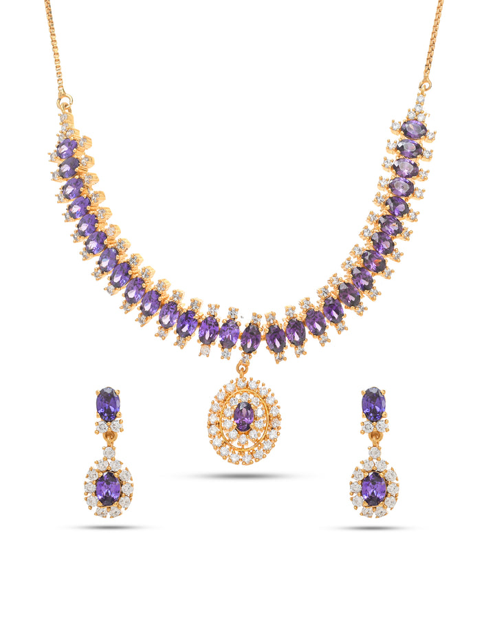 Women’s elegant antique gold plated necklace and earrings featuring amethyst hydro quartz and cubic zirconia stones
