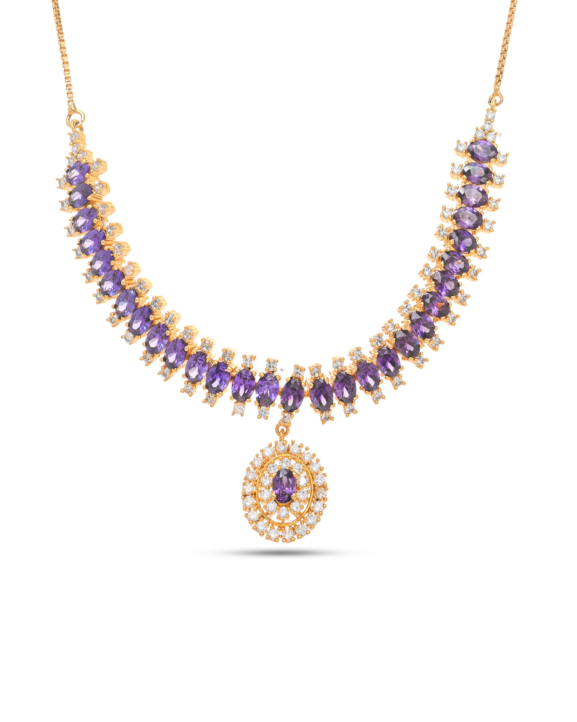 Antique gold plated necklace with amethyst hydro quartz pendant and sparkling cubic zirconia stones for women’s elegant wear