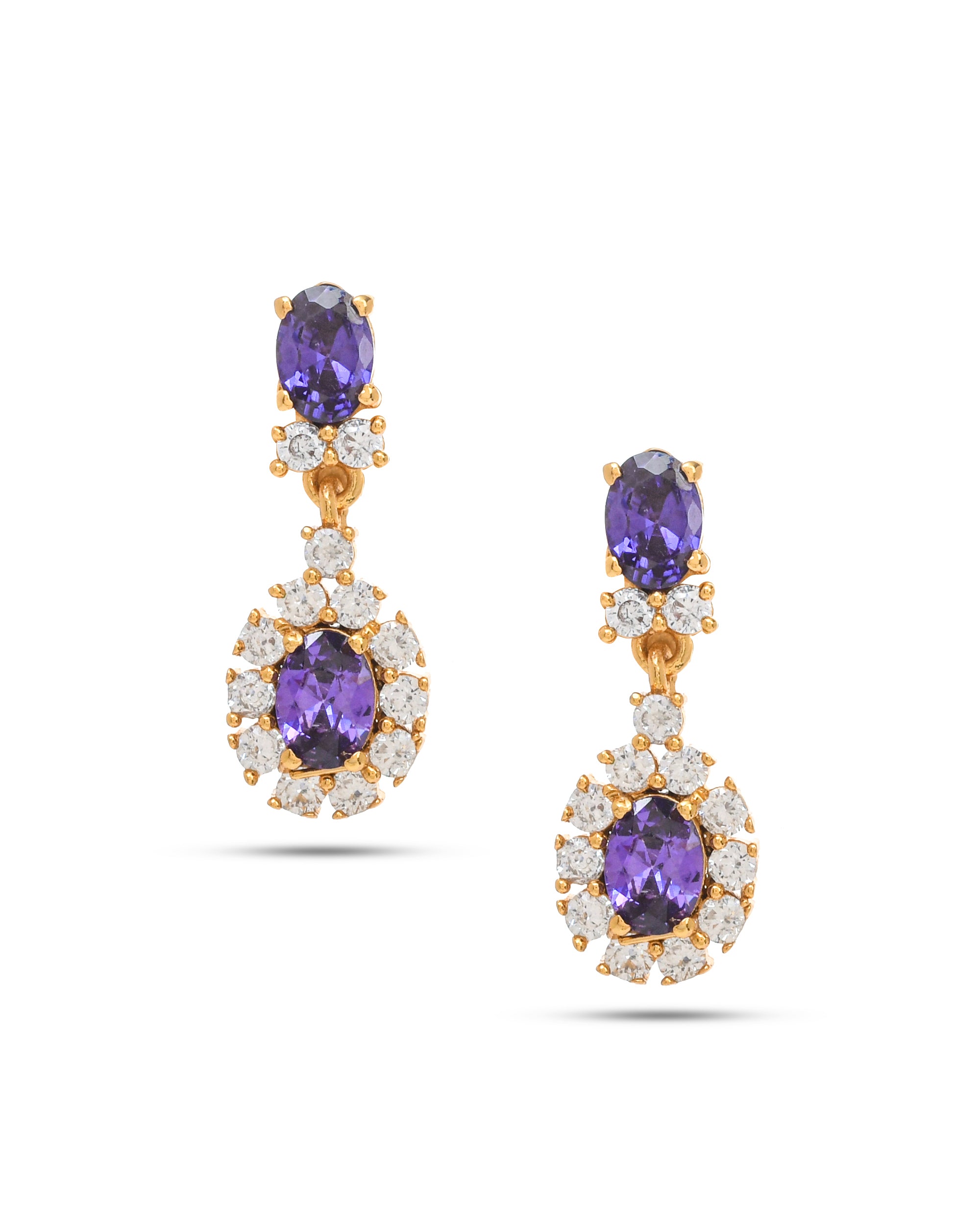 Elegant earrings featuring purple amethyst hydro quartz and sparkling cubic zirconia in antique gold finish for special occasions
