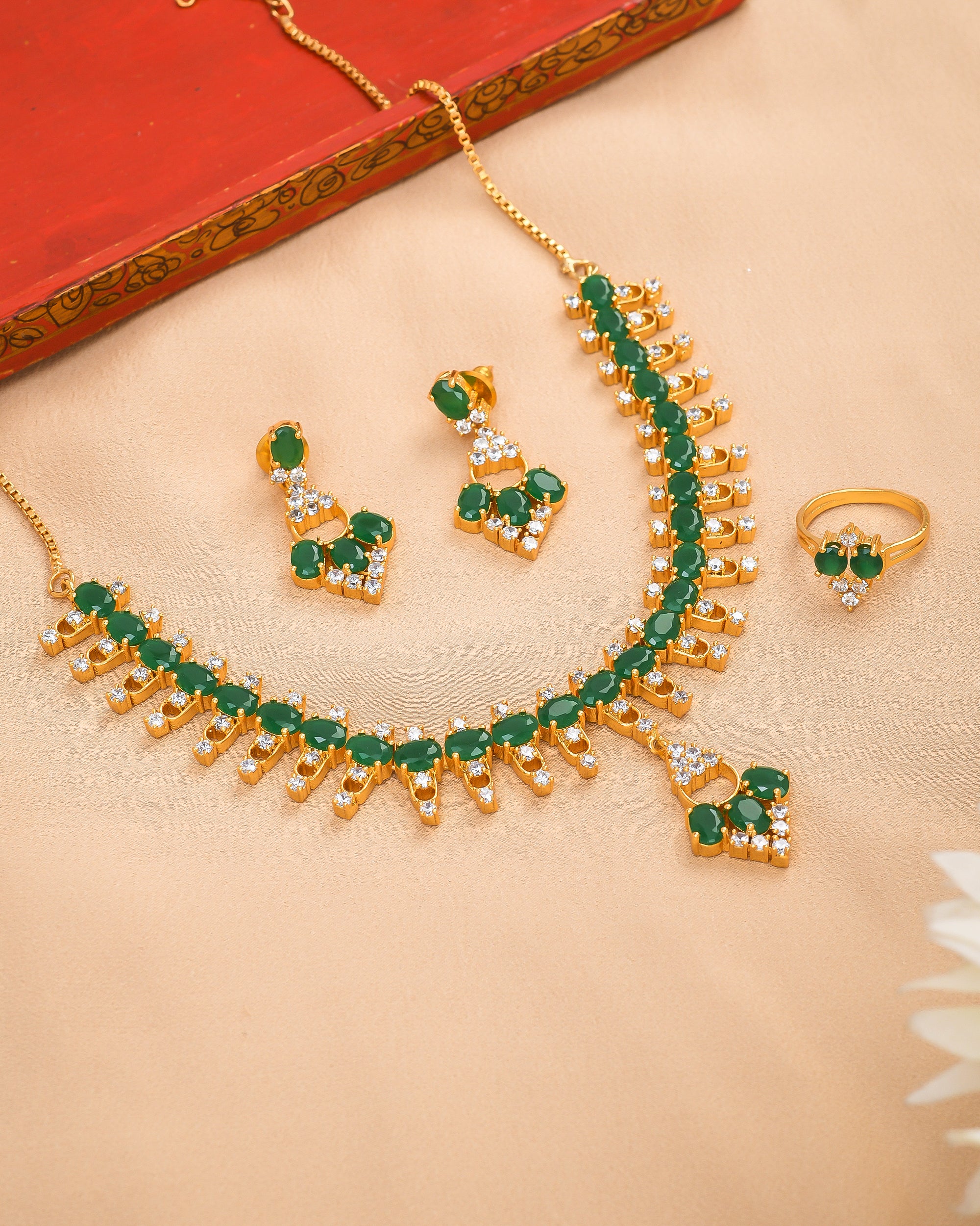 Handmade antique gold cubic zirconia and green hydro quartz gemstone necklace, earring, and ring jewelry set
