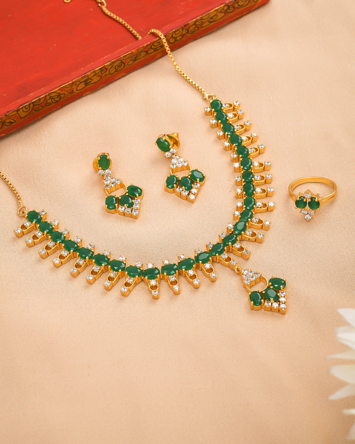 Handmade antique gold cubic zirconia and green hydro quartz gemstone necklace, earring, and ring jewelry set
