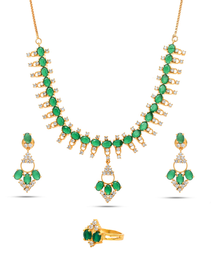 Artisan-made antique gold necklace, earrings, and ring set adorned with green hydro quartz and cubic zirconia accents
