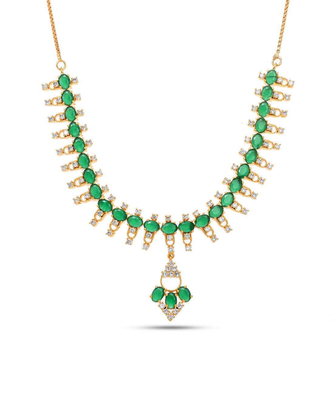 Unique handmade necklace in antique gold with green hydro quartz and cubic zirconia, perfect for bridal and festive looks
