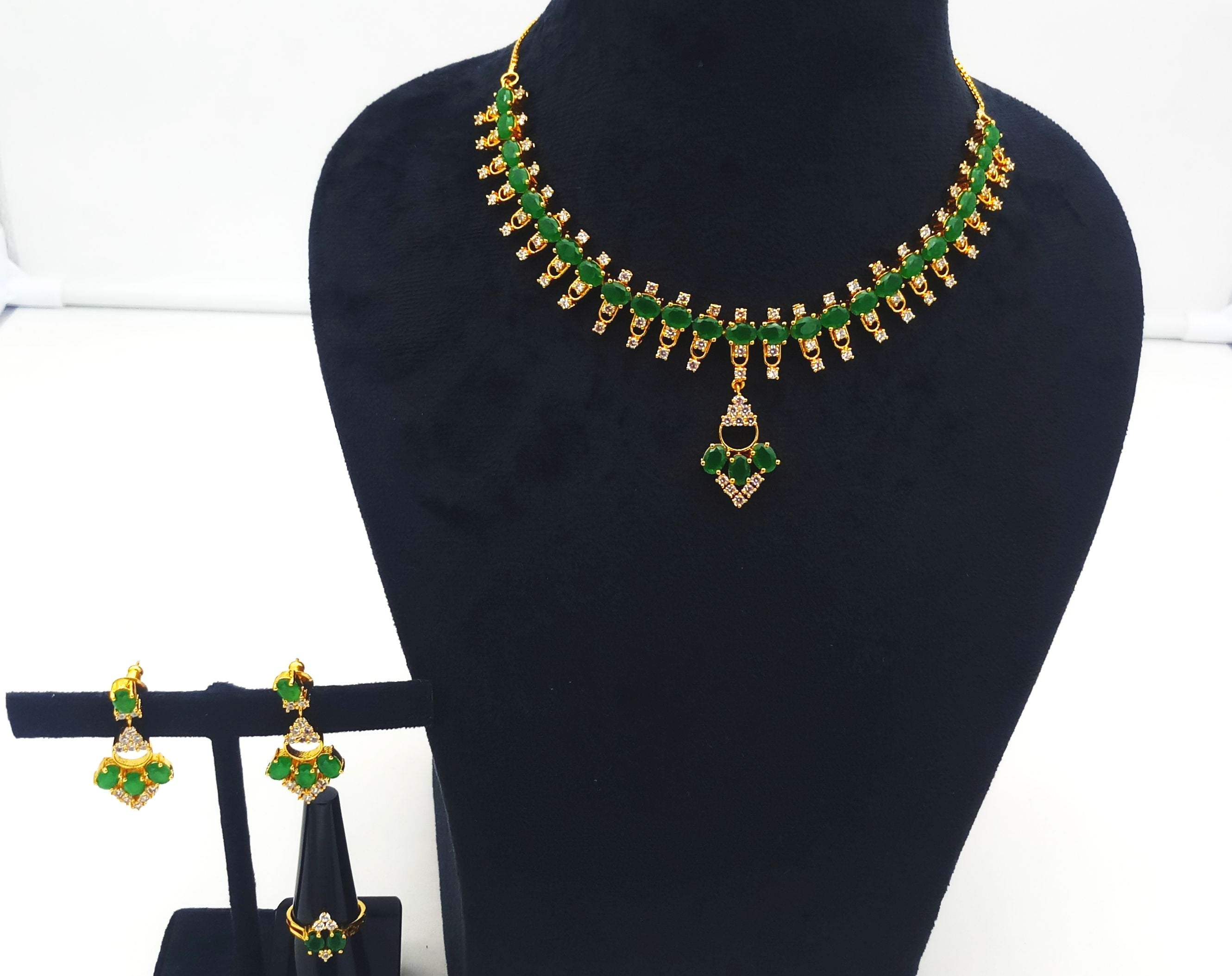 Green hydro quartz and cubic zirconia jewelry set in antique gold plating, perfect for bridal and party wear
