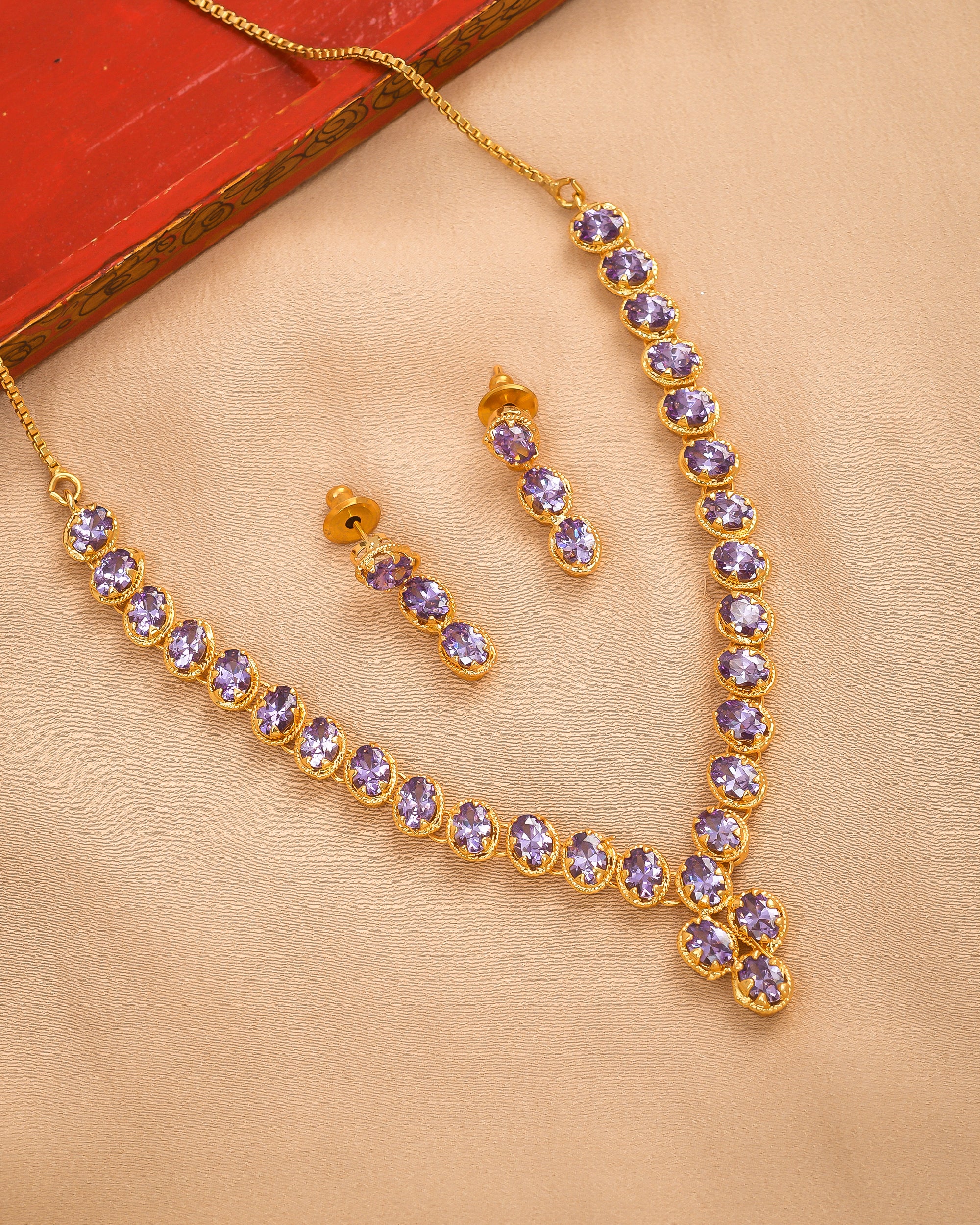 Luxury antique gold plated statement necklace with purple hydro quartz and matching earrings
