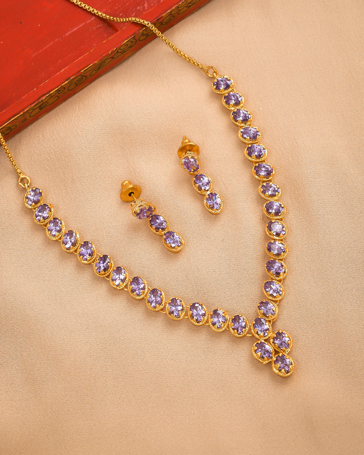 Luxury antique gold plated statement necklace with purple hydro quartz and matching earrings
