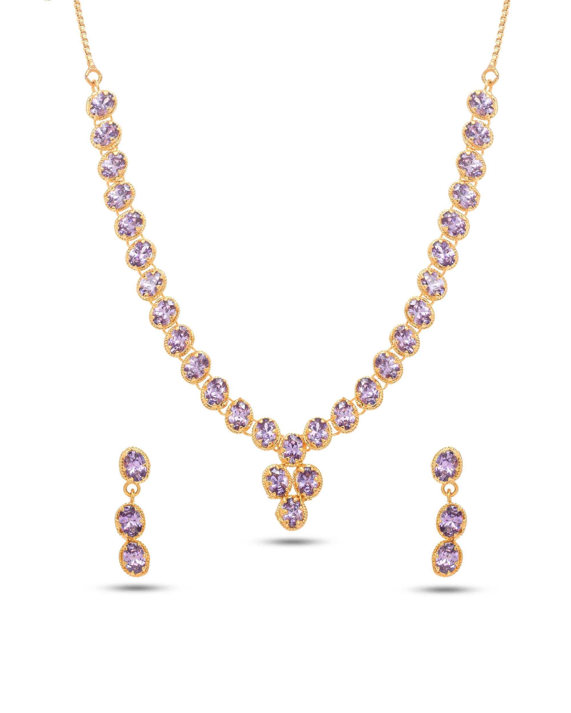 Purple hydro quartz necklace and earrings in antique gold finish, crafted for women’s luxury festive looks
