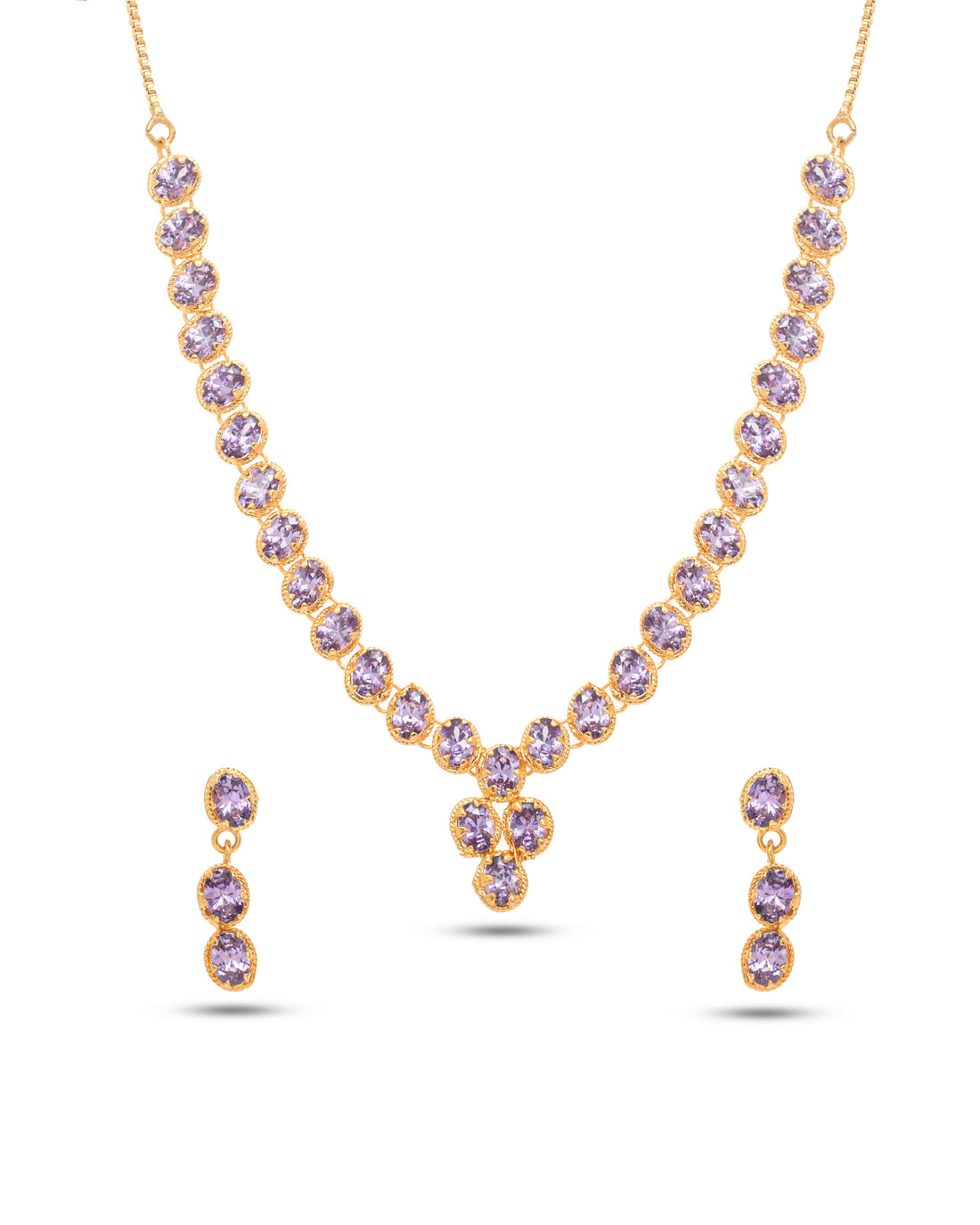 Purple hydro quartz necklace and earrings in antique gold finish, crafted for women’s luxury festive looks
