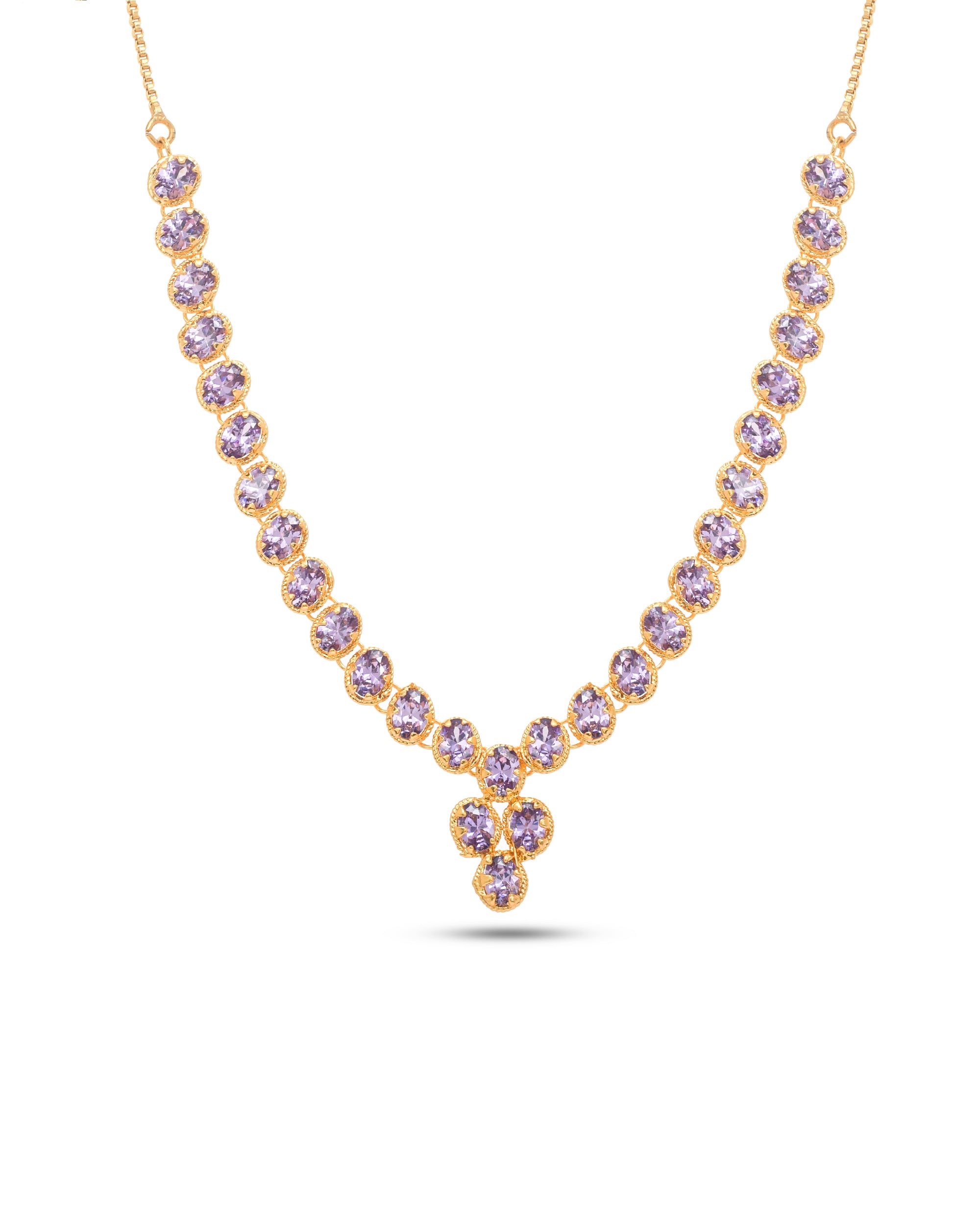 Designer necklace for women featuring purple hydro quartz in an antique gold plated statement style
