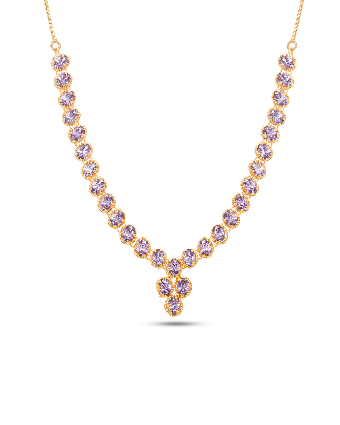 Designer necklace for women featuring purple hydro quartz in an antique gold plated statement style
