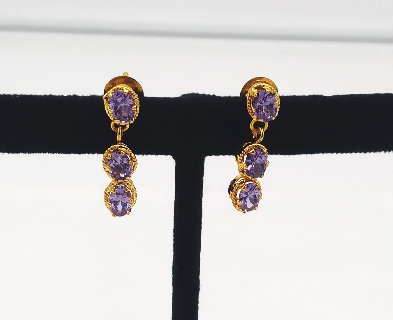 Detailed view of purple hydro quartz earrings in antique gold plating, perfect for parties and special occasions
