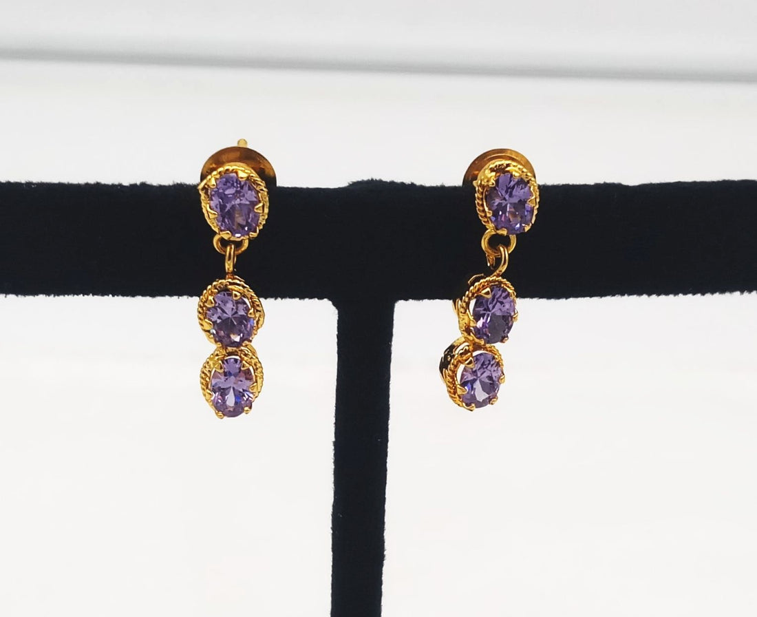 Detailed view of purple hydro quartz earrings in antique gold plating, perfect for parties and special occasions
