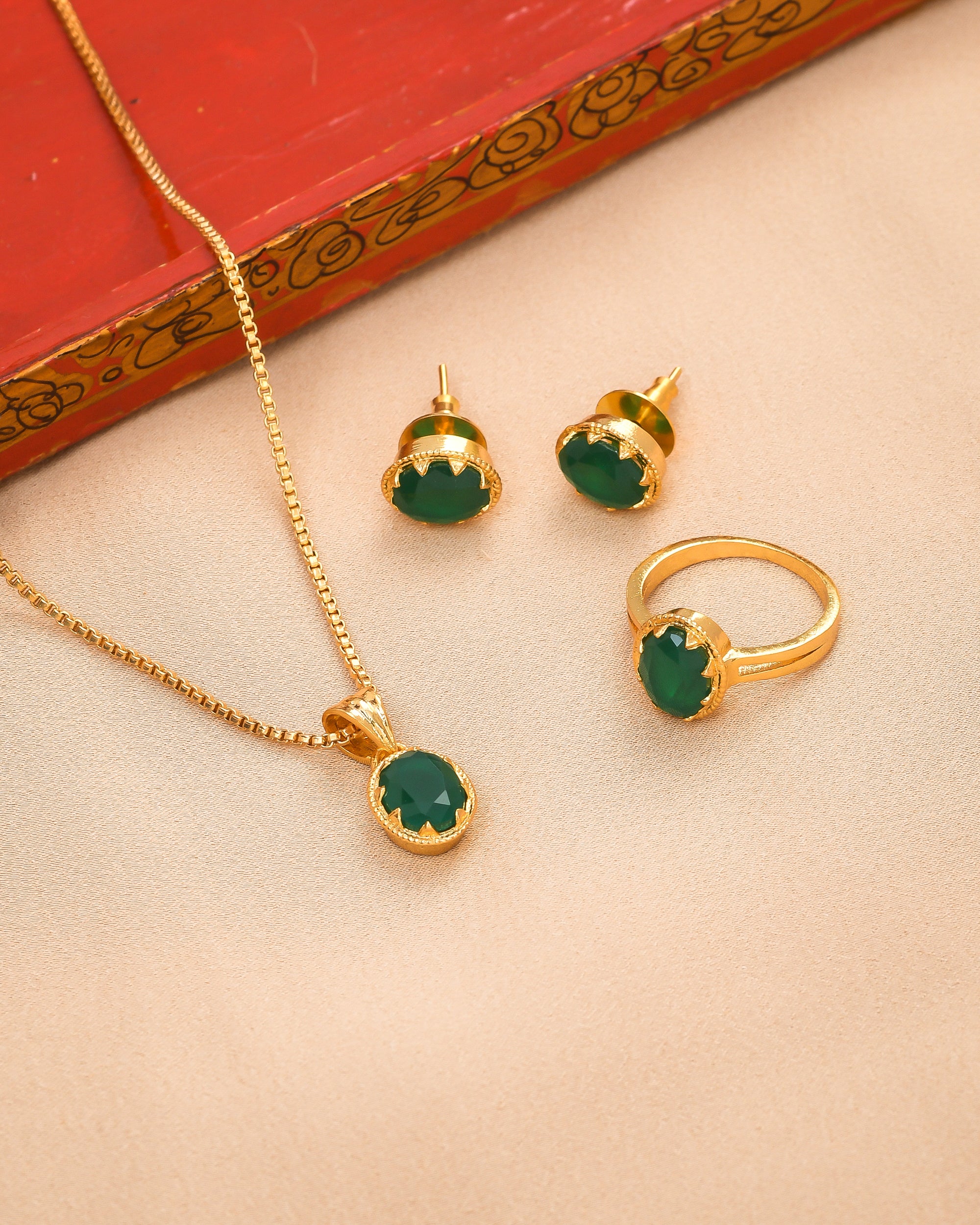 Designer Antique Gold Plated Green Hydro Quartz Necklace with Earrings and Ring for Party Wear
