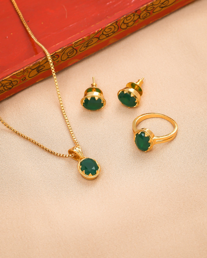 Designer Antique Gold Plated Green Hydro Quartz Necklace with Earrings and Ring for Party Wear
