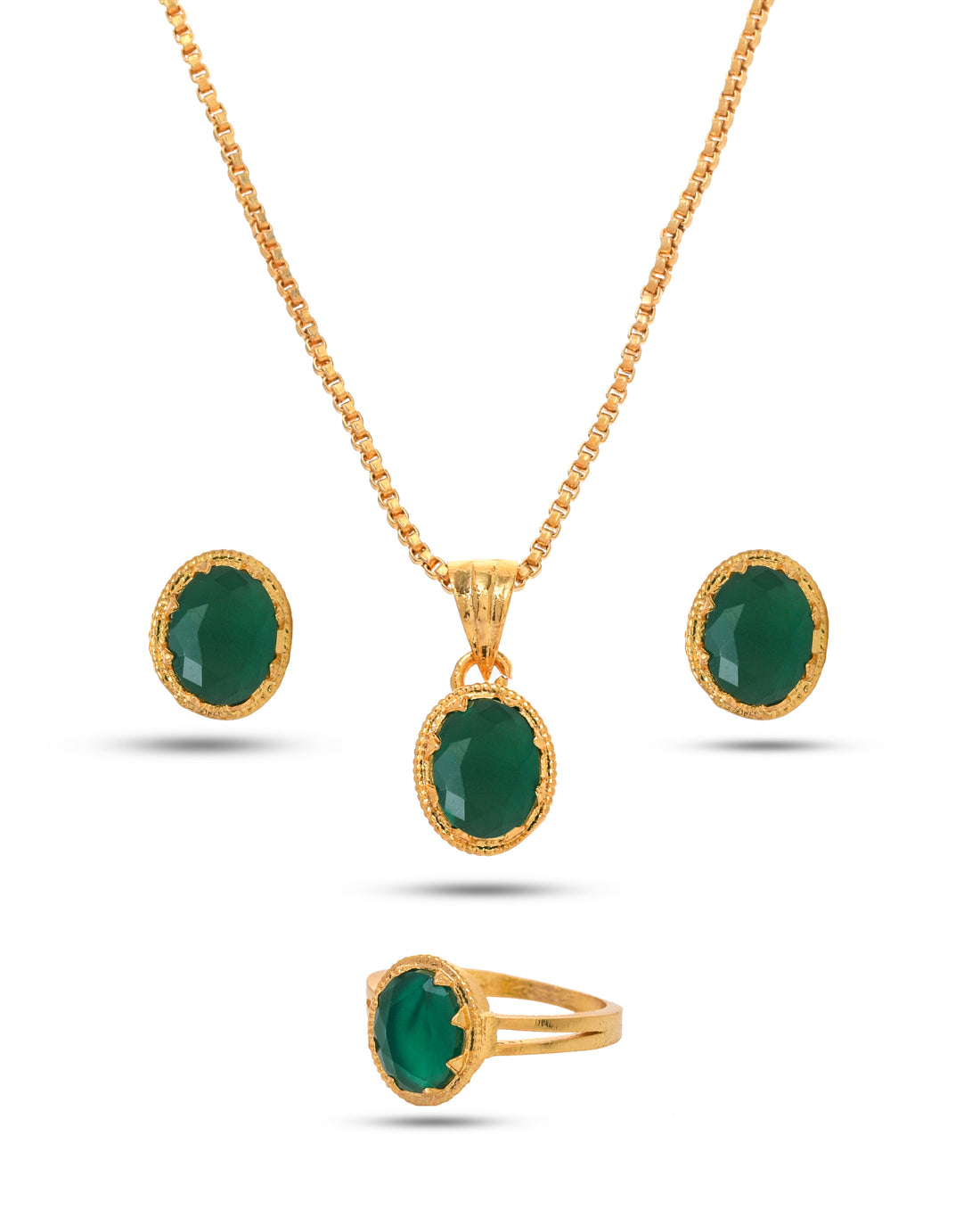 Green hydro quartz necklace, earrings, and ring set in antique gold plating, perfect for elegant party wear

