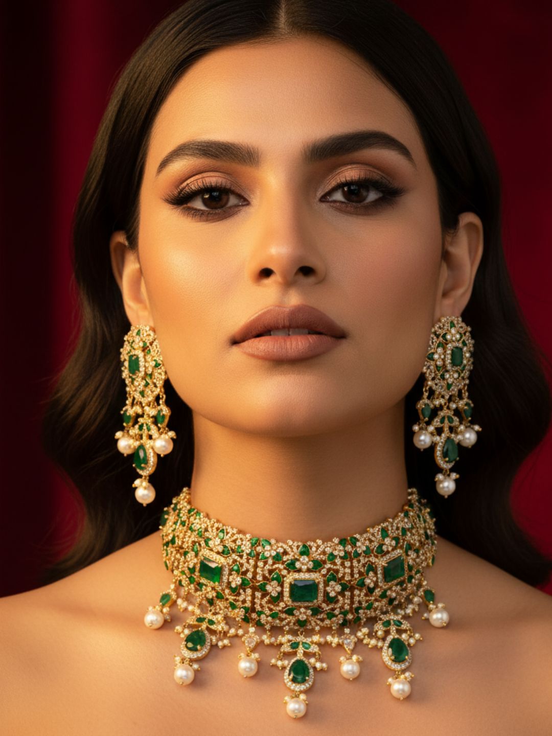 Stunning  Broad Antique Gold  AD-Green Hydro Quartz Choker Necklace-Earring Set