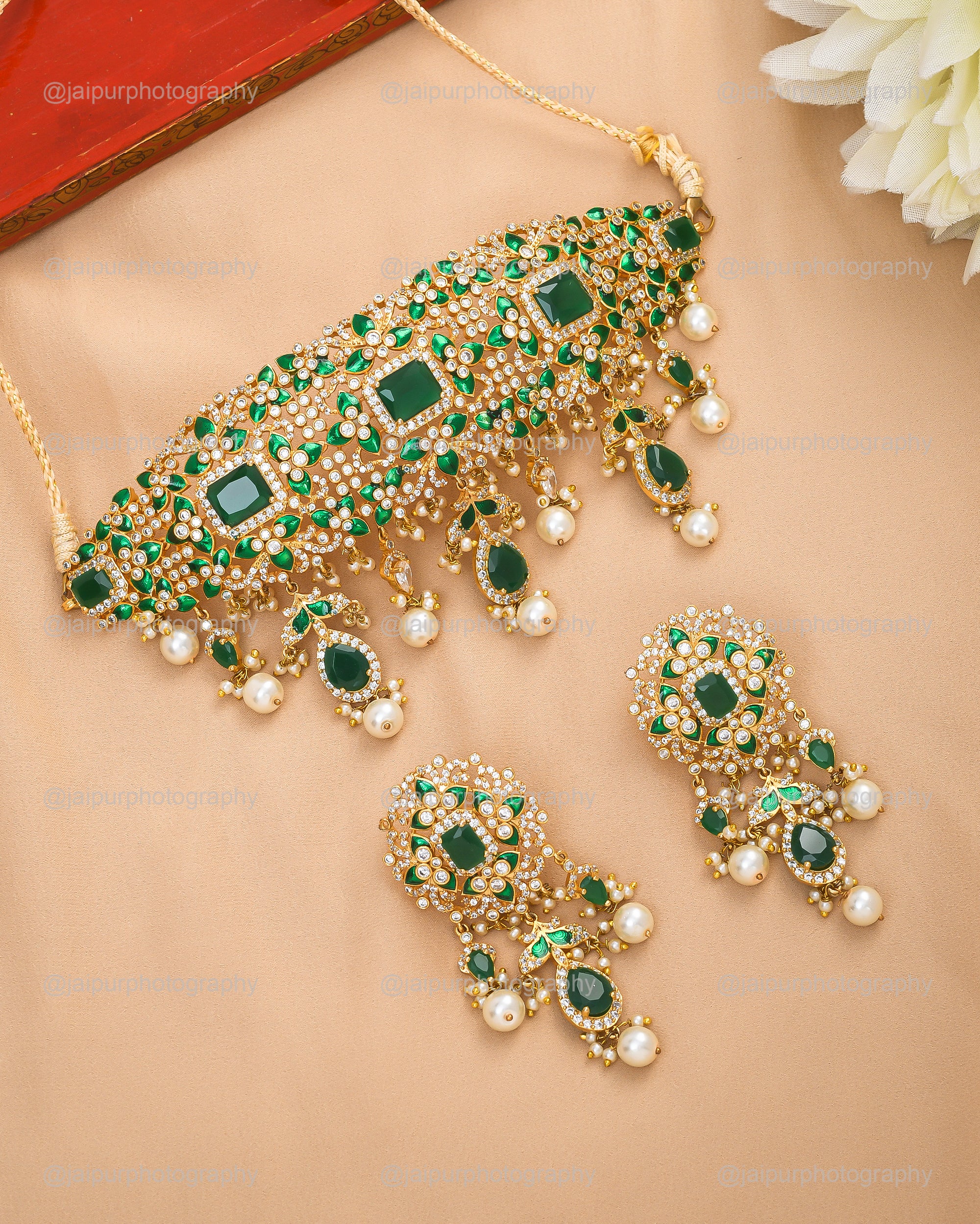 Antique gold plated broad choker set for women – green hydro quartz stones with AD embellishments
