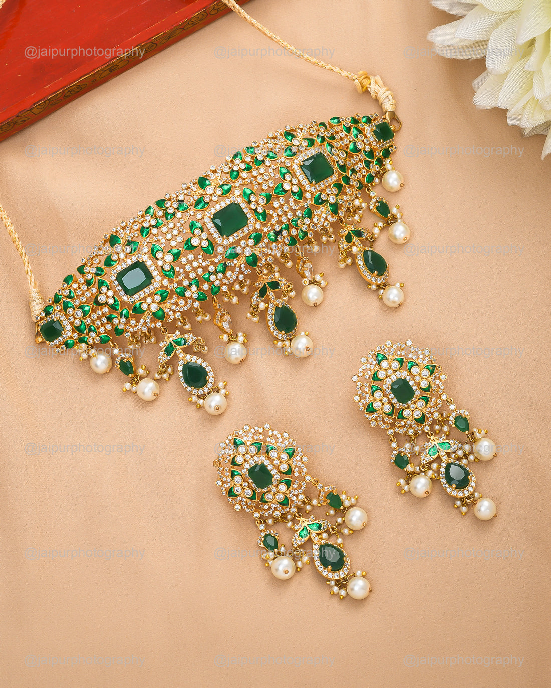 Antique gold plated broad choker set for women – green hydro quartz stones with AD embellishments
