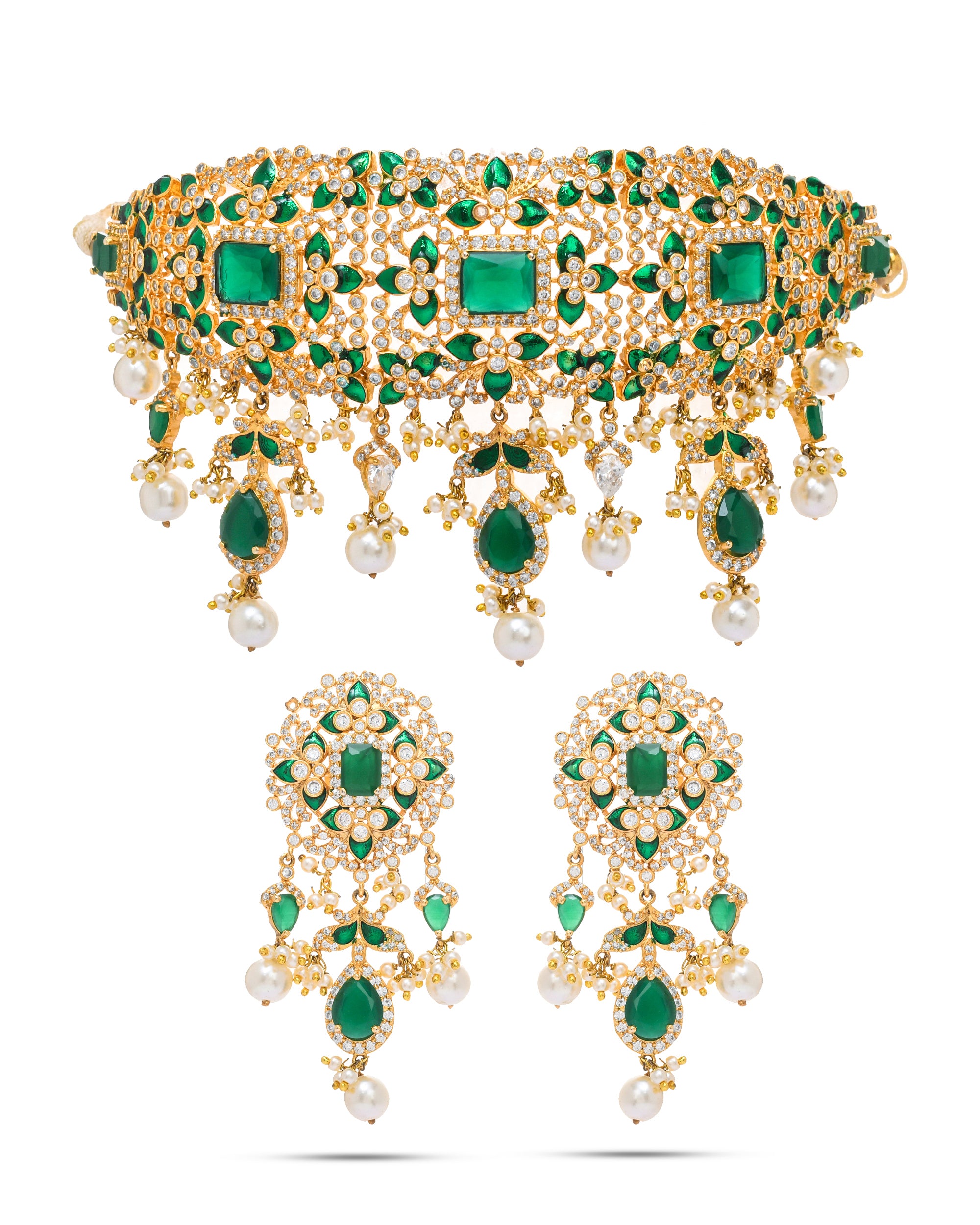 Designer antique gold plated broad choker necklace and earrings with green hydro quartz and AD embellishments
