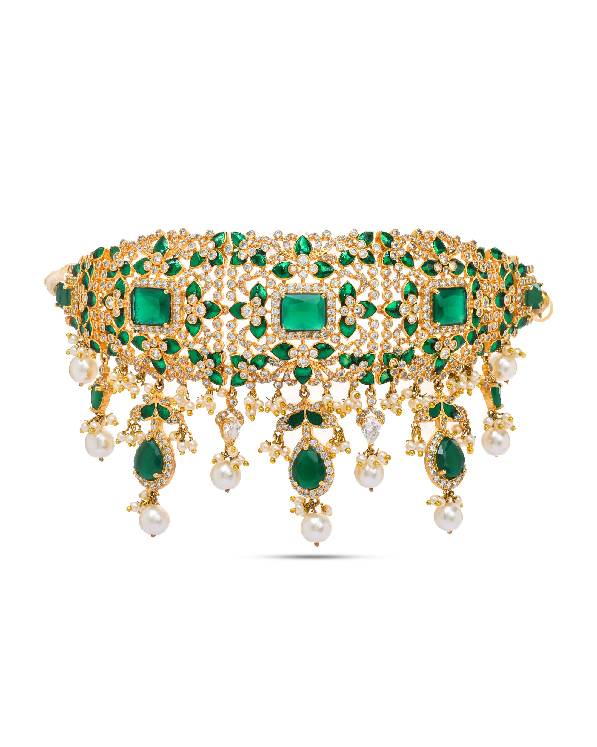 Antique gold plated broad choker featuring green hydro quartz stones and AD stone detailing
