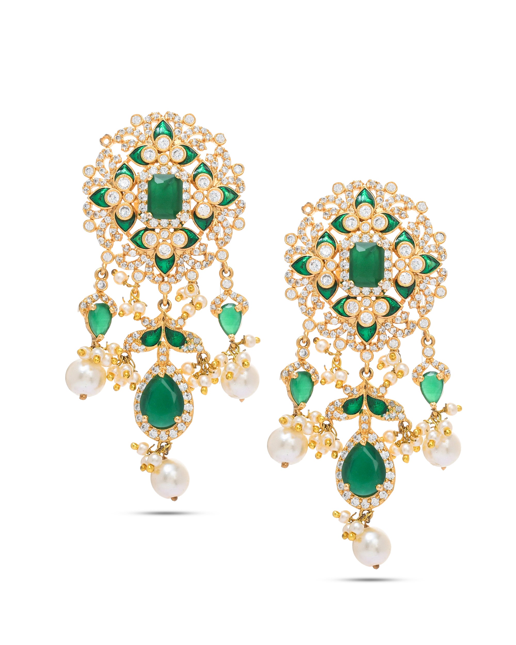 Women’s antique gold plated earrings with green hydro quartz and AD stone details – designer festive jewelry

