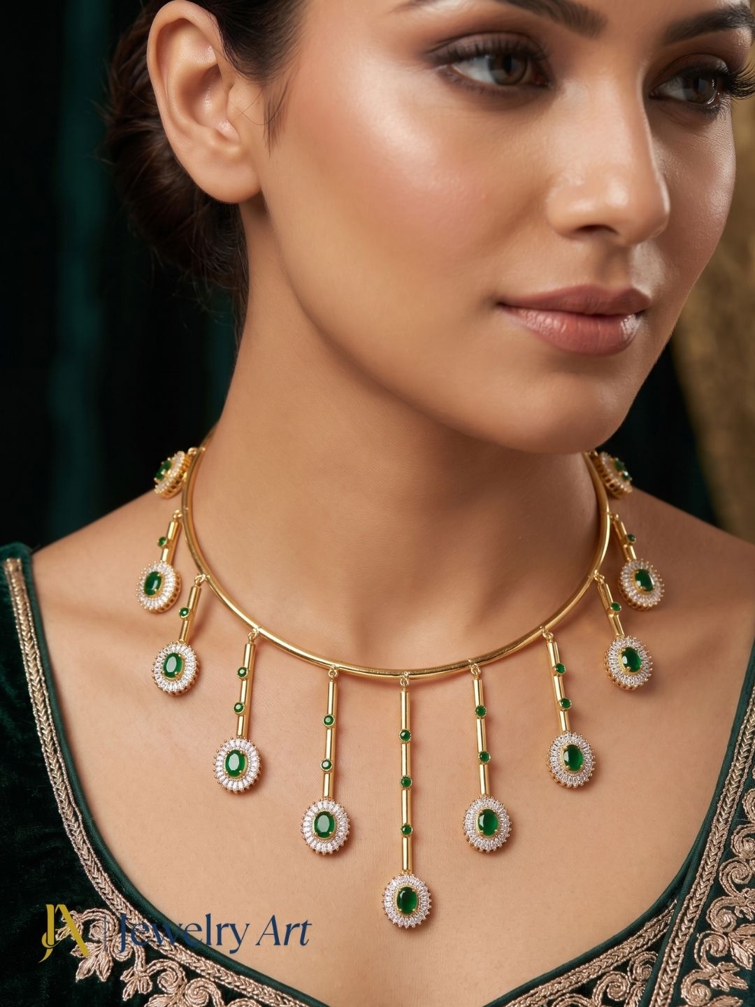 Trendy gold plated statement necklace with vibrant green hydro quartz
