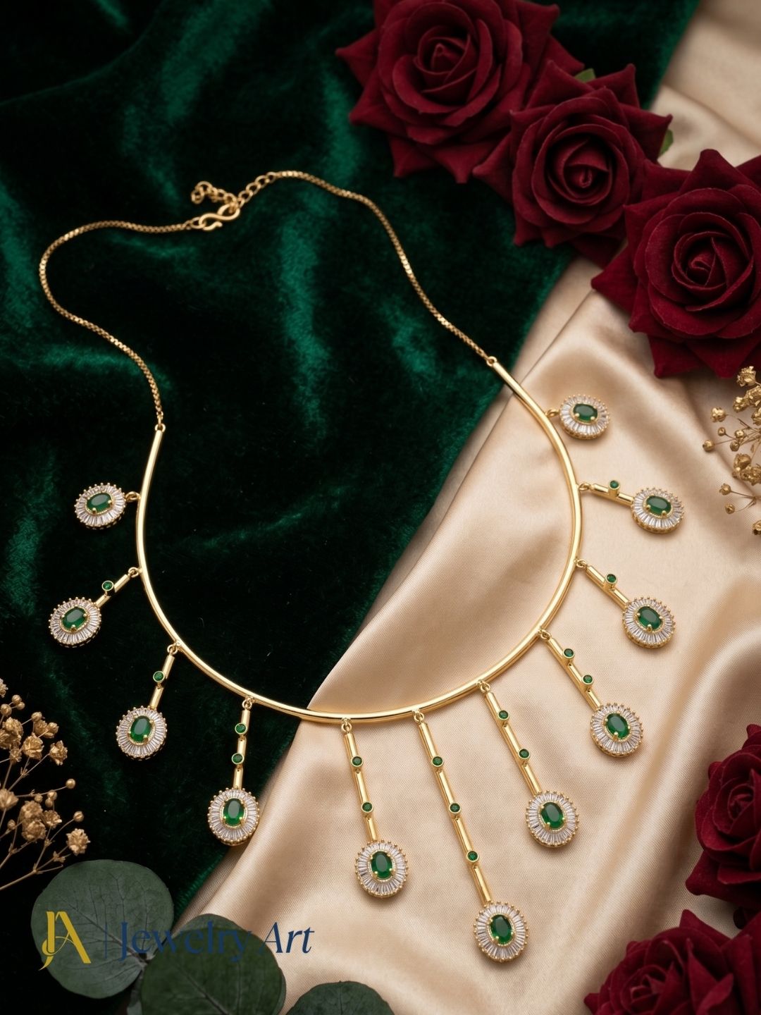 Trendy gold plated statement necklace with vibrant green hydro quartz
