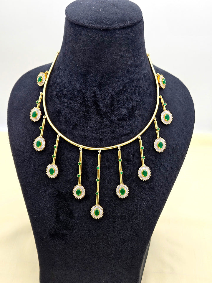 Elegant Gold plated Cubic Zirconia-Green Hydro Quartz Statement Necklace