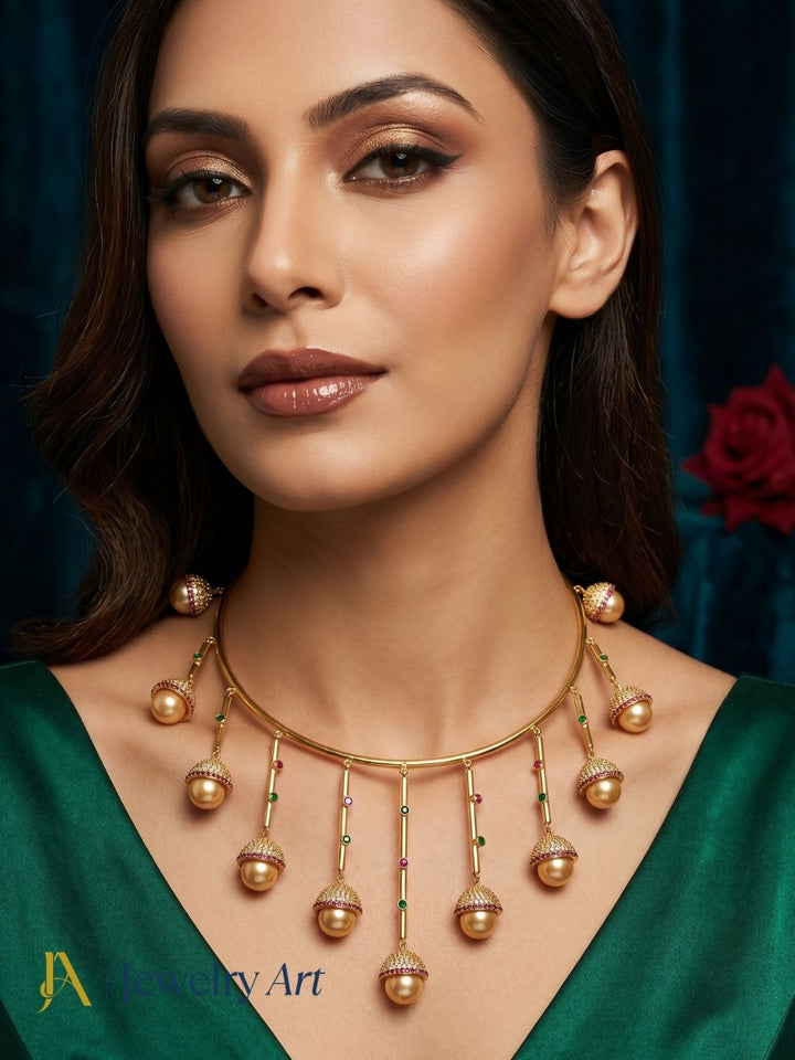 Premium gold plated designer necklace with green and red hydro quartz stone accents
